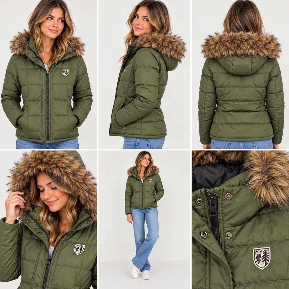 American Eagle Puffer Jacket Women Small Green Faux Fur Hood Quilted Nylon Coat